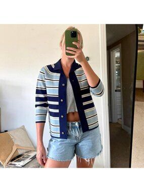 ST. ANDREWS BLUE WOOL STRIPED CARDIGAN SWEATER TOP WOMEN SMALL 10